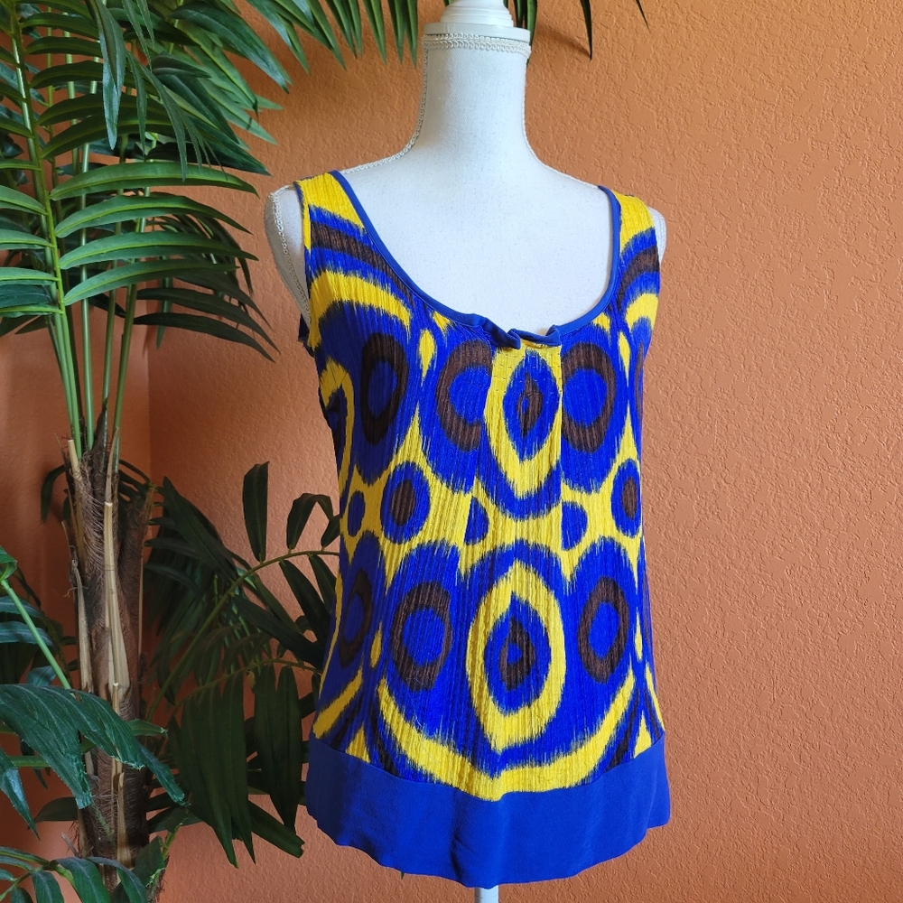 Tory Burch Silk Psychedelic Tank Top Blouse Blue Yellow 6 Sleeveless Blouse